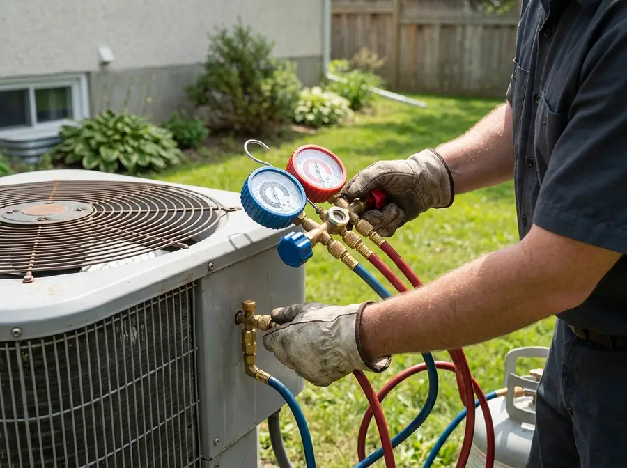 a technician's hands using a manifold gauge set on an outdoor AC condenser unit, bright afternoon light, residential backyard