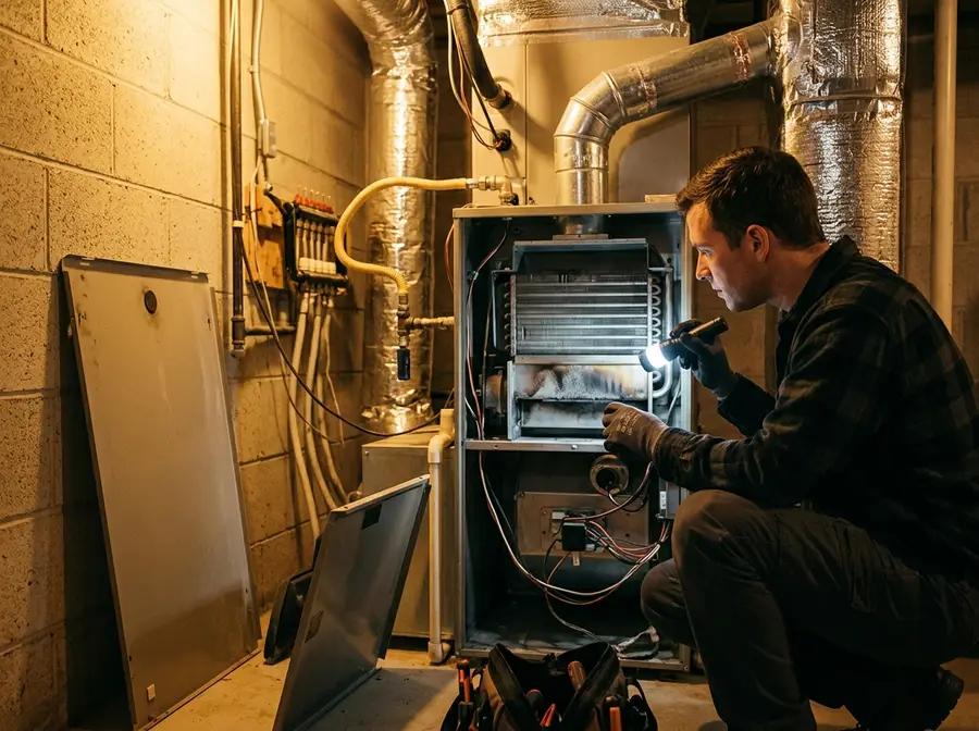 interior view of a gas furnace with the access panel open, a technician inspecting the heat exchanger with a flashlight, warm amber utility-room light