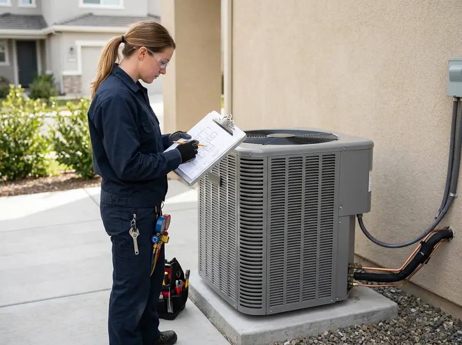 a technician reviewing a new heat pump installation blueprint on a clipboard beside a freshly installed outdoor unit, natural daylight, clean concrete pad