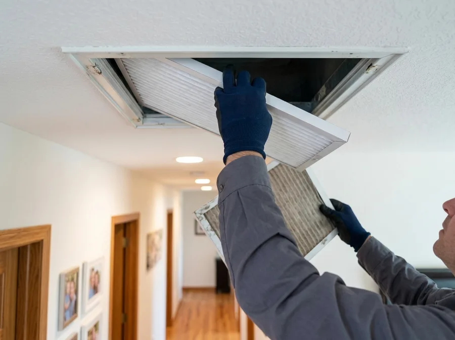 close-up of a technician replacing an air filter in a ceiling return vent, bright interior light, residential hallway visible in background